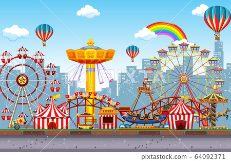 Themepark scene with many rides in the city 64092371