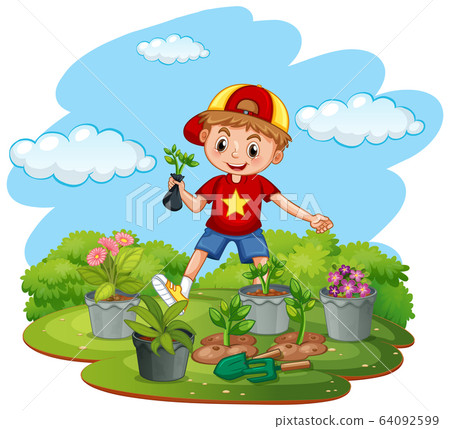 Scene with kid planting trees in the garden 64092599