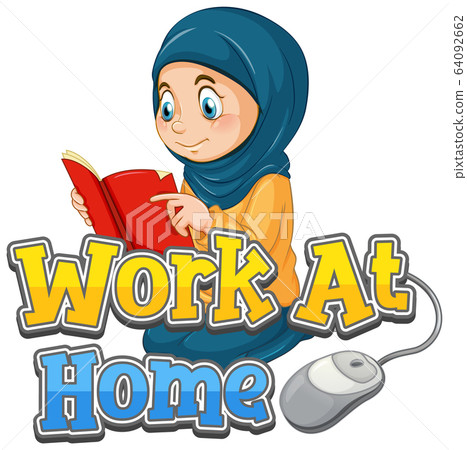Font design for work from home with girl reading - Stock Illustration ...