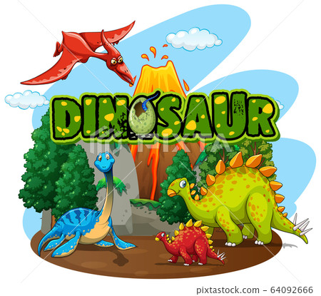 Font design for word dinosaur with many dinosaurs 64092666