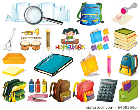 Large set of school items on white background Large set of school items on white background 64092680