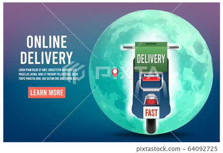 Express delivery by scooter on mobile with parcel box. Online delivery service concept. vector illustration. Express delivery by scooter on mobile with parcel box. Online delivery service concept. vector illustration. 64092725
