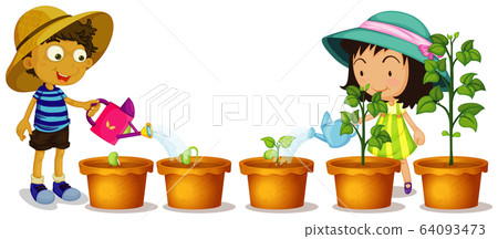 Boy and girl watering plants in the garden 64093473