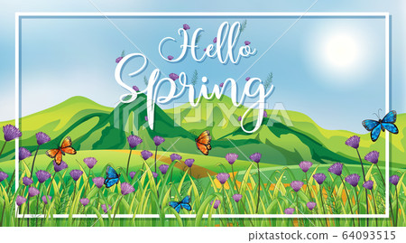 Nature scene background with butterflies in garden - Stock Illustration ...