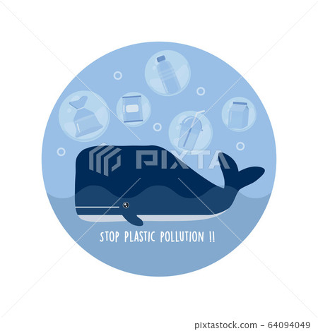 Stop ocean plastic pollution. Plastic garbage and whale in the ocean.  64094049