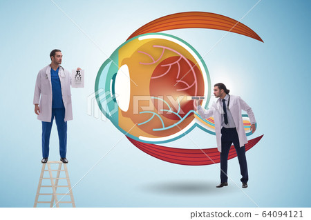 Doctor examining giant eye in medical concept Doctor examining giant eye in medical concept 64094121
