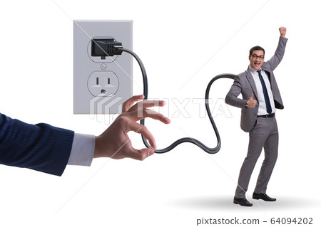 Businessman being powered by electricity and plug Businessman being powered by electricity and plug 64094202