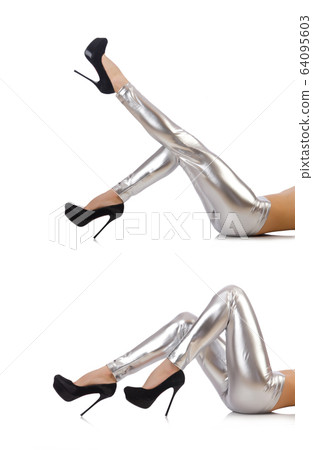 Woman legs with stockings on white Woman legs with stockings on white 64095603