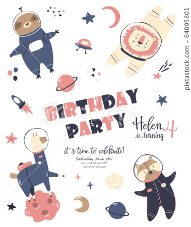 Birthday invitation cosmic card with cute animals Birthday invitation cosmic card with cute animals 64095801