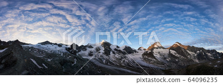 Panorama of a mountain ridge with Ober Gabelhorn and Dent Blanche peaks of Swiss Alps Panorama of a mountain ridge with Ober Gabelhorn and Dent Blanche peaks of Swiss Alps 64096235