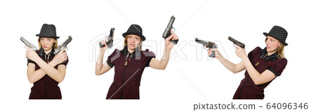 Young woman gangster with gun on white Young woman gangster with gun on white 64096346