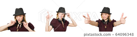 Woman dressed as gangster isolated on white Woman dressed as gangster isolated on white 64096348