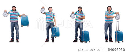 Young man with suitcase isolated on white 64096930
