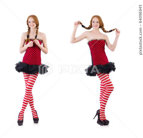 Redhead girl in red dress and stockings on white 64096945
