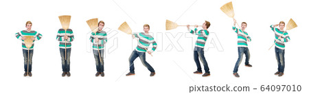 Funny man with mop isolated on white Funny man with mop isolated on white 64097010