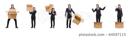 Funny man with boxes on white 64097115