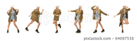 Pretty woman in jeans shorts isolated on white 64097538