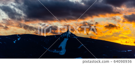 Silhouette of Jested mountain at sunset time, Liberec, Czech Republic 64098936