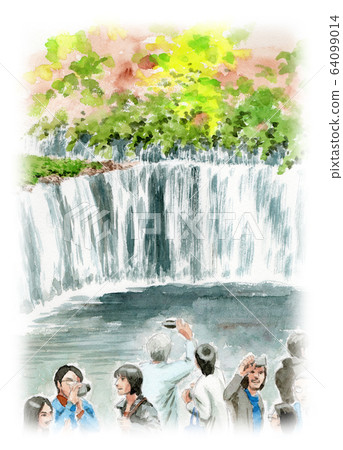 水彩畫的瀑布與白影的遊客 水彩畫的瀑布與白影的遊客 64099014