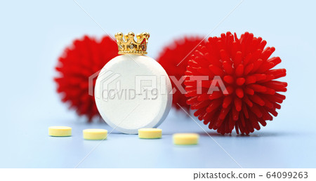 Chinese coronavirus COVID-19 macro foto. Dangerous virus. Medicine. Pills. Crown. Concept medicine. Health. Blue isolated background Chinese coronavirus COVID-19 macro foto. Dangerous virus. Medicine. Pills. Crown. Concept medicine. Health. Blue isolated background 64099263
