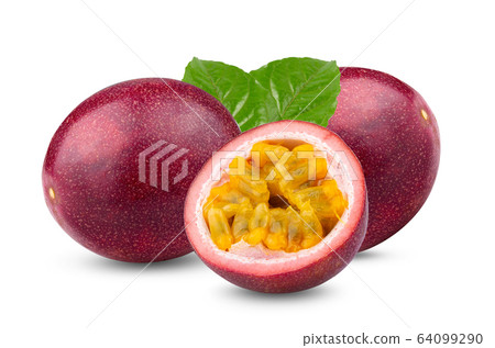 Passion fruit with leaf isolated on the white background. full depth of field Passion fruit with leaf isolated on the white background. full depth of field 64099290