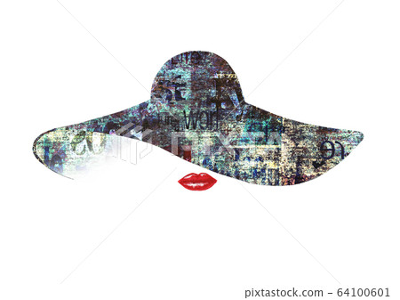 Watercolour hand drawn illustration. Beautiful woman with red lips, black hat with newspaper Watercolour hand drawn illustration. Beautiful woman with red lips, black hat with newspaper 64100601