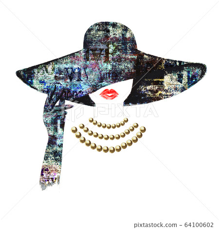 Watercolour beautiful woman with red lips, gold beads necklace, glove and hat with newspaper print Watercolour beautiful woman with red lips, gold beads necklace, glove and hat with newspaper print 64100602