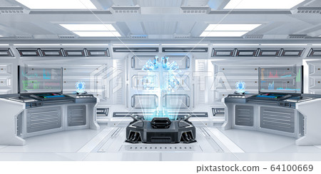 Futuristic Sci-Fi Research room Interior with Hologram Machine Displaying Coronavirus or Covid-19, 3D Rendering 64100669