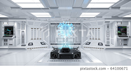 Futuristic Sci-Fi Hallway interior with Hologram Machine displaying Coronavirus or Covid-19, 3D Rendering Futuristic Sci-Fi Hallway interior with Hologram Machine displaying Coronavirus or Covid-19, 3D Rendering 64100671