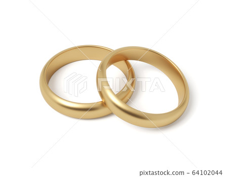 3d close-up rendering of two shiny gold rings on white background. 64102044