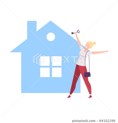 Happy Young Woman Bought New House, Girl Standing in Front of Home, Real Estate Deal Vector Illustration Happy Young Woman Bought New House, Girl Standing in Front of Home, Real Estate Deal Vector Illustration 64102299