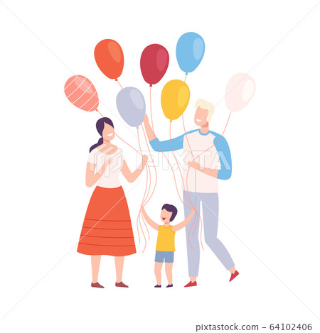 Happy Family with Colorful Balloons, Mother, Father and their Son Walking Together or Celebrating Holiday Vector Illustration 64102406