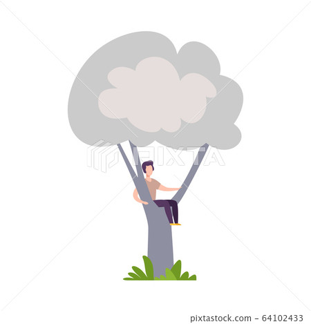 Young Man Sitting on Tree Branch, Guy Hiding in Tree Crown Vector Illustration 64102433