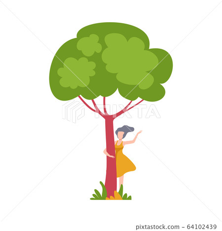Young Woman Standing Behind Green Tree and Waving Her Hand Vector Illustration 64102439