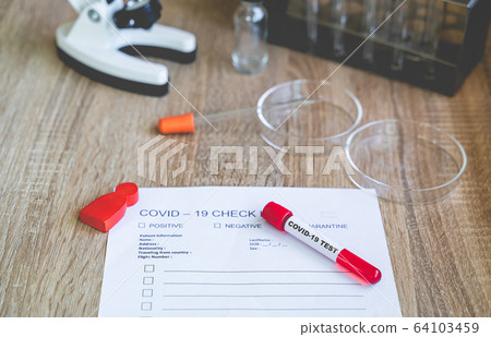 COVID19 Check List and blood test tube to detect corona virus in the lab. The corona virus outbreak is researched to find vaccines to prevent the disease in Epidemiology or infectious concept COVID19 Check List and blood test tube to detect corona virus in the lab. The corona virus outbreak is researched to find vaccines to prevent the disease in Epidemiology or infectious concept 64103459