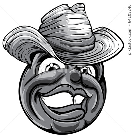 Cute monochromatic smiling emoticon wearing cowboy hat, emoji, smiley Cute monochromatic smiling emoticon wearing cowboy hat, emoji, smiley 64105246