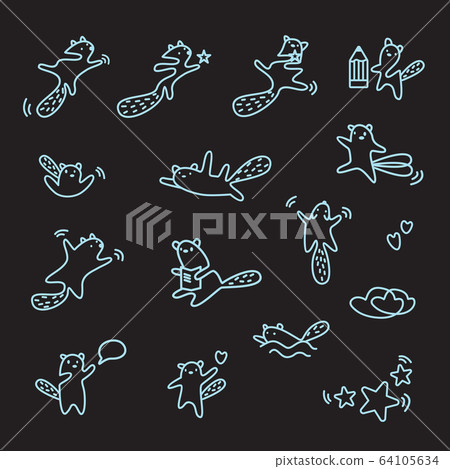Cute kawaii animals linear set. Character in 64105634