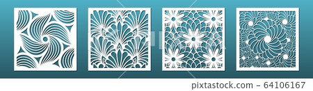 Laser cut template set, abstract geometric pattern. Panel decor for room interior design. Wood, glass, metal cutting. Vector illustration 64106167