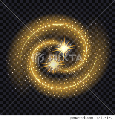 Light glowing effect swirls. Golden waves with shiny stars and sparkles on transparent background. Vector illustration 64106169