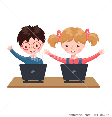 Young boy and girl sitting at a table and studying at the computer at home. 64106286