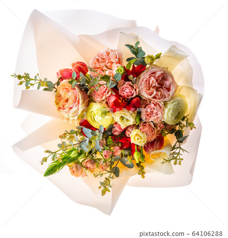 Bouquet of flowers with gentle pink shades, greens in light paper Bouquet of flowers with gentle pink shades, greens in light paper 64106288
