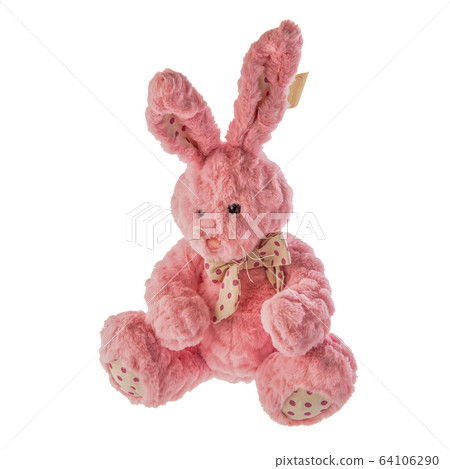 Toy, pink bunny with banter, on white background Toy, pink bunny with banter, on white background 64106290
