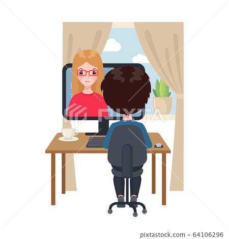 Young boy sitting at a table and studying at the computer at home . Young boy sitting at a table and studying at the computer at home . 64106296