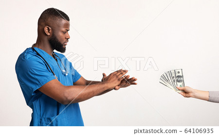 Therapist refusing to take money from woman on white background 64106935
