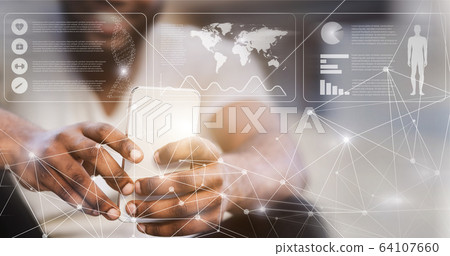 Privacy protection. Collage with personal info of African American man holding mobile phone. Copy space. Panorama Privacy protection. Collage with personal info of African American man holding mobile phone. Copy space. Panorama 64107660