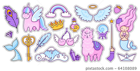 Unicorn, alpaca, mermaid, cherry, rainbow. 64108089