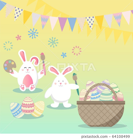 Easter vector illustration with egg, bunny (rabbit) and flower. Spring religious holiday. Vector illustrations for a poster, greeting card, invitation or banner. Happy Easter! 64108499