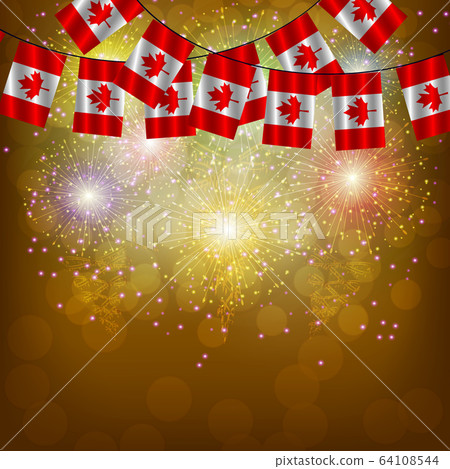 Bright firework with flags Canada for holidays. Set for holidays. Background with flag of Canada . Happy Canada day background. 64108544