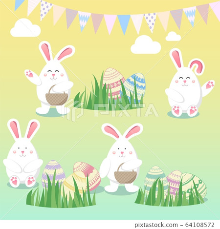 Easter vector illustration with egg, bunny (rabbit) and flower. Spring religious holiday. Vector illustrations for a poster, greeting card, invitation or banner. Happy Easter! Easter vector illustration with egg, bunny (rabbit) and flower. Spring religious holiday. Vector illustrations for a poster, greeting card, invitation or banner. Happy Easter! 64108572