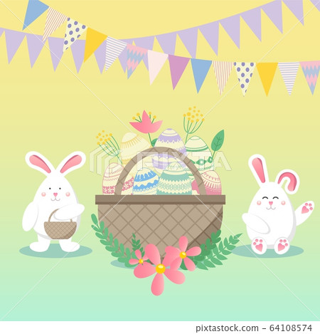 Easter vector illustration with egg, bunny (rabbit) and flower. Spring religious holiday. Vector illustrations for a poster, greeting card, invitation or banner. Happy Easter! Easter vector illustration with egg, bunny (rabbit) and flower. Spring religious holiday. Vector illustrations for a poster, greeting card, invitation or banner. Happy Easter! 64108574